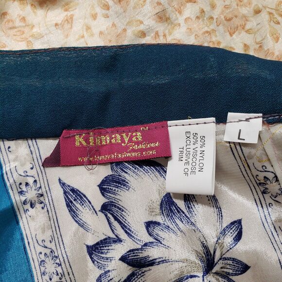 Vintage Satin Sari Wrap Skirts Womens Large Gold Blue Magic Bohemian Multiway - Picture 3 of 16